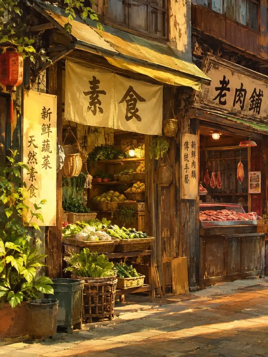 藏在肉里的菜封面：老巷里素食小铺与隔壁肉铺的木柜台