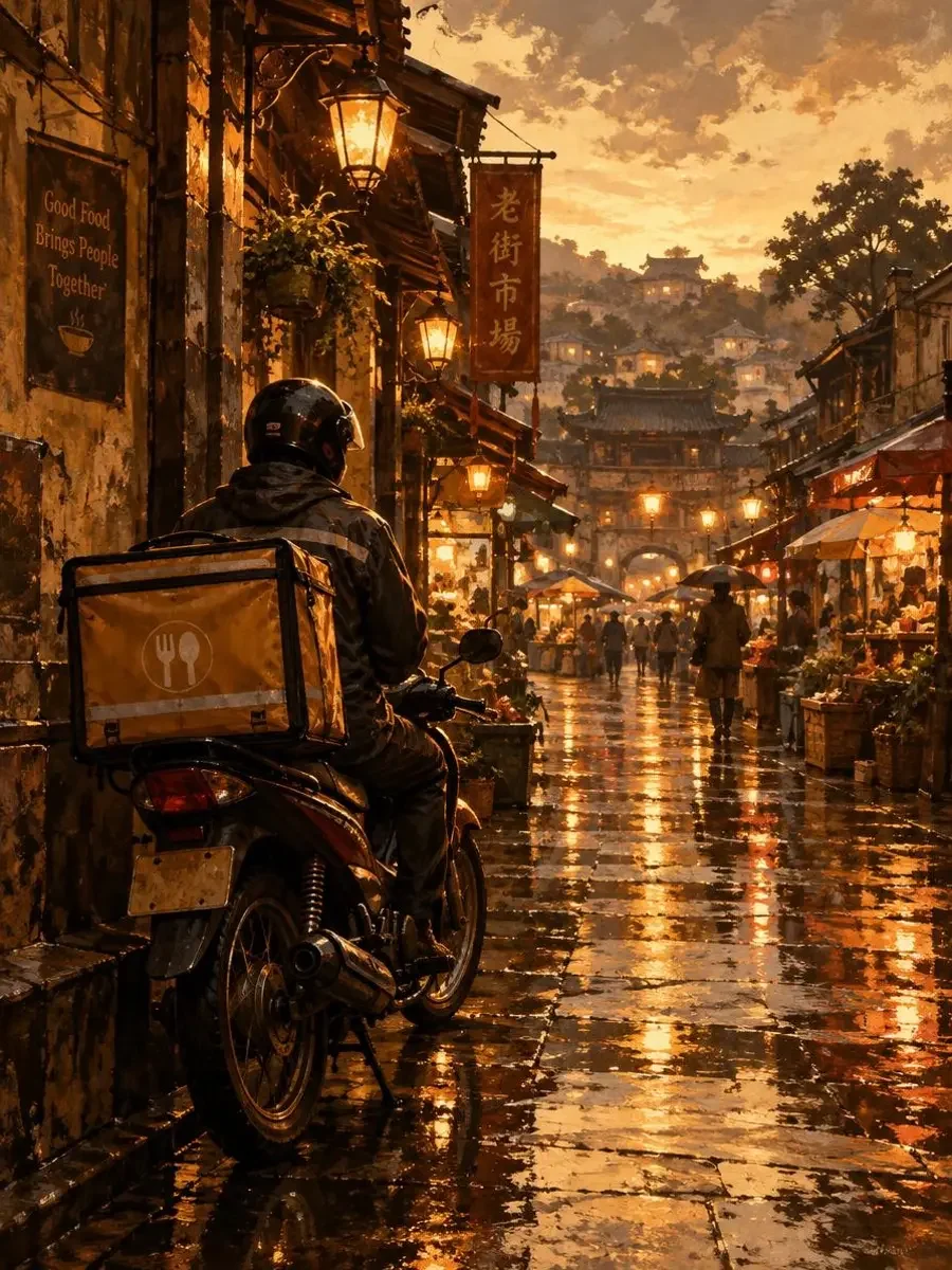 马路上的家庭封面:雨中旧街骑手的摩托车与暖黄路灯倒影 马路上的家庭封面:雨中旧街骑手的摩托车与暖黄路灯倒影
